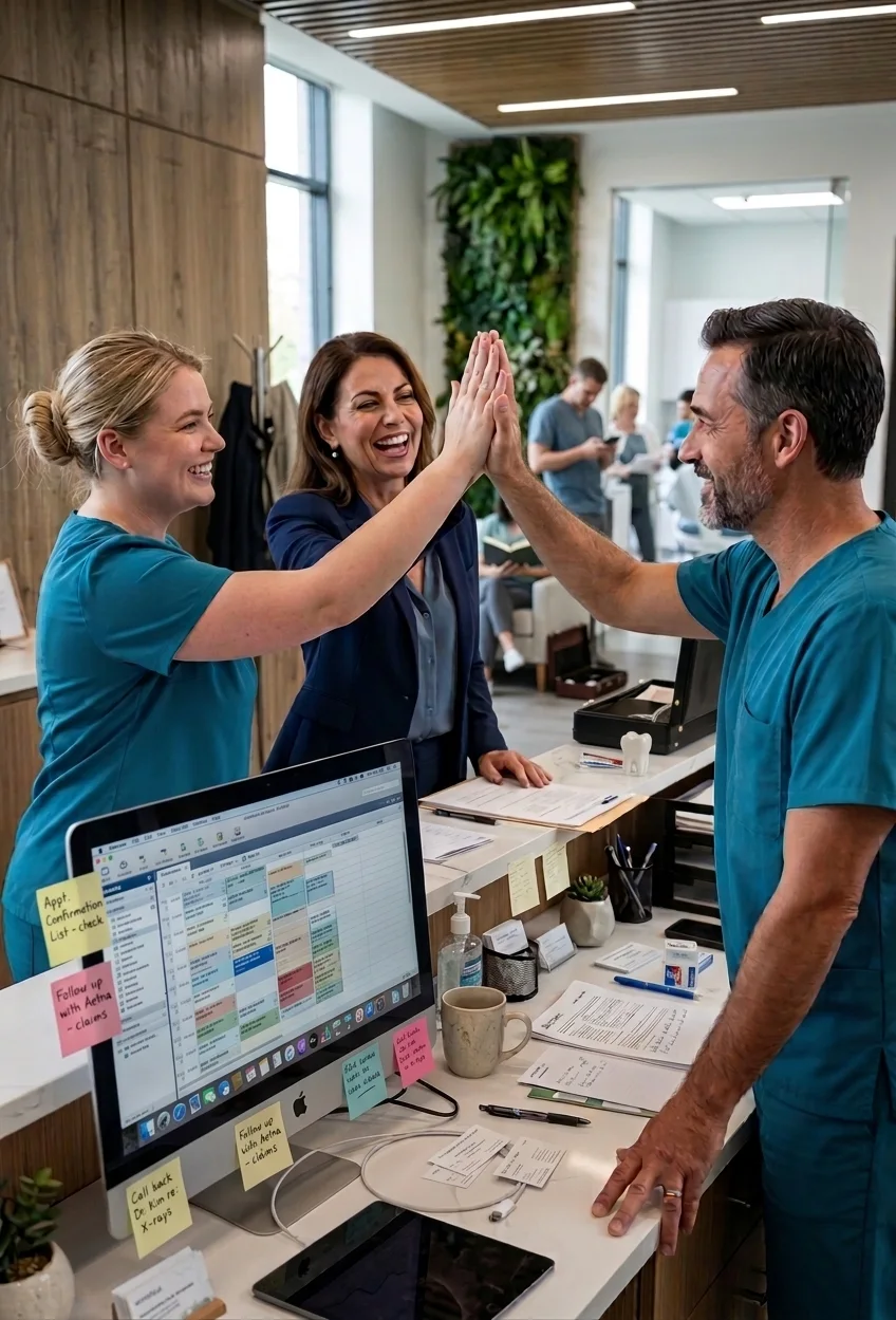 A dentist, an office manager and a front desk assistant high-fiving over the front desk of a bright dental practice